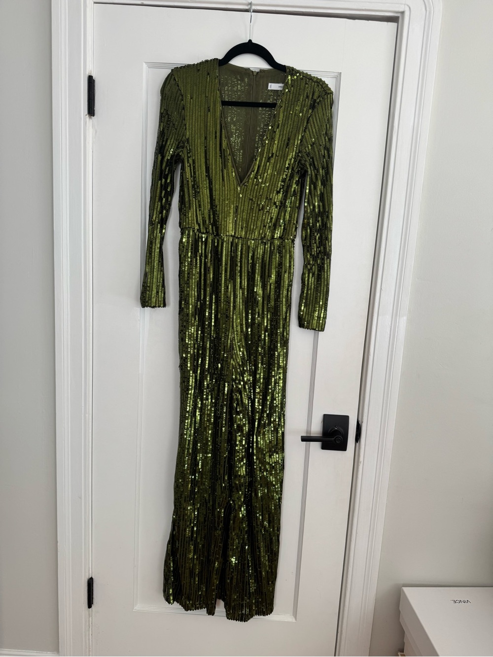 Mango Olive Green Sequin Long Sleeve V-Neck Jumpsuit - Size Small